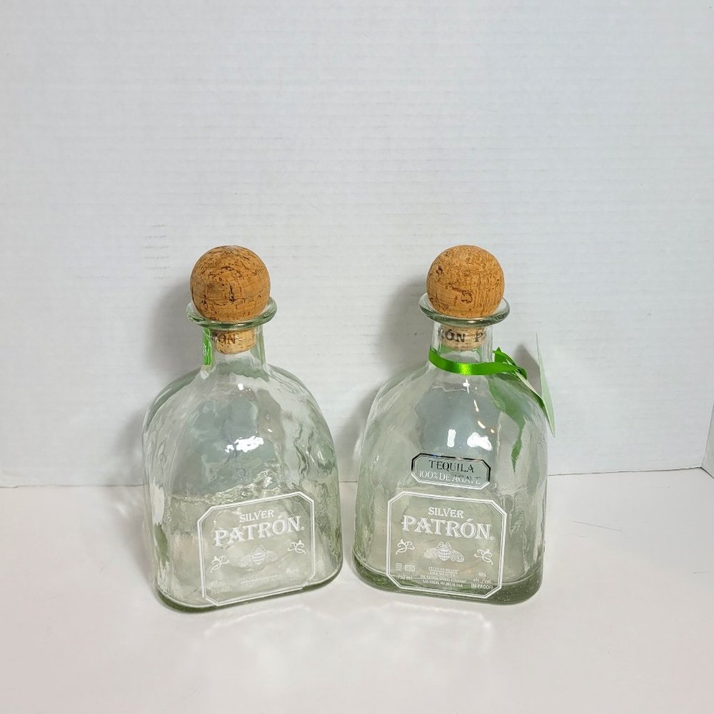 Pair of Silver Patron Tequila Empty Bottles 750ml each